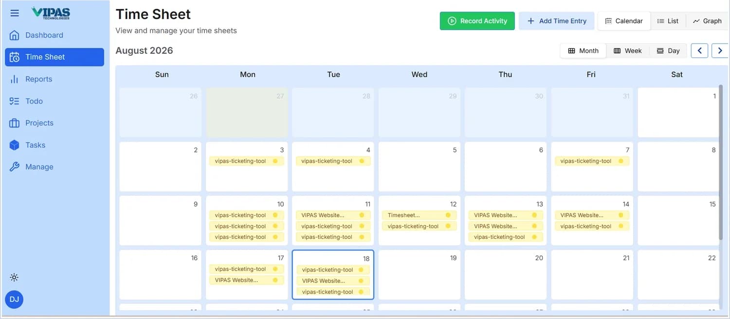 Calendar view of the timesheet showing a full month, with each day cell listing the projects worked on.