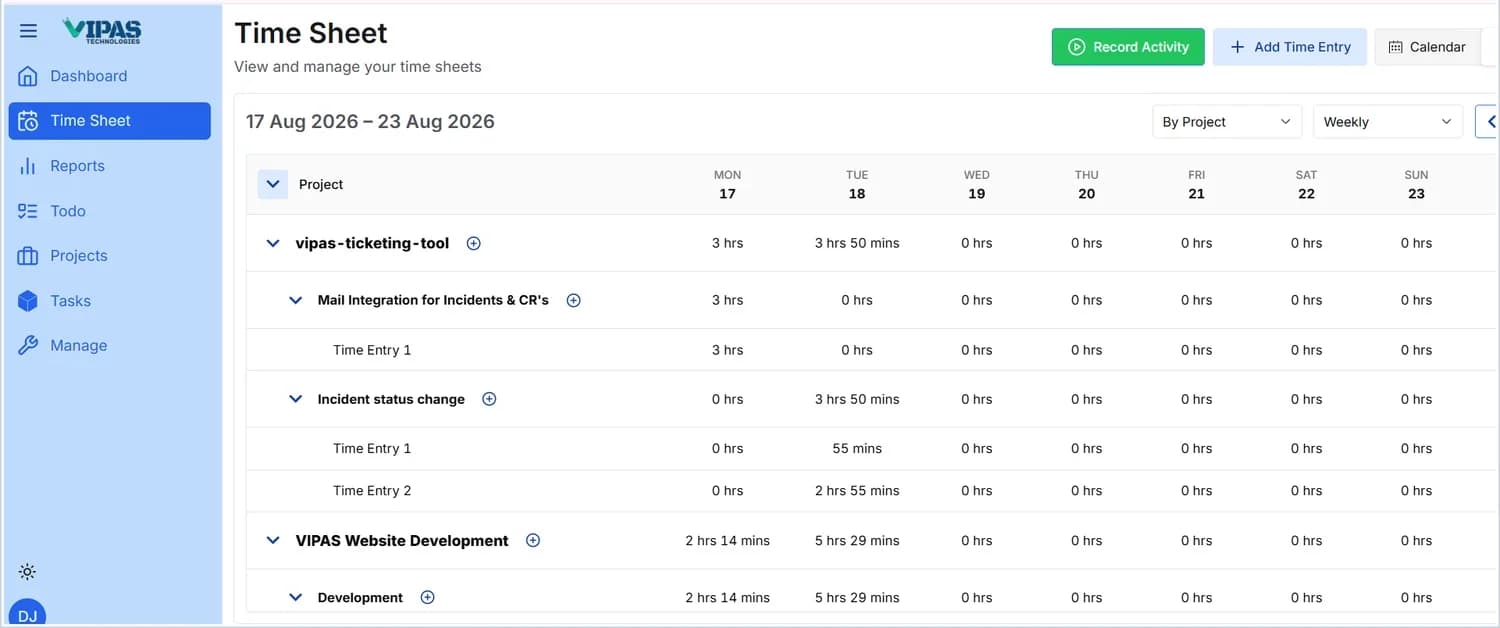 List view of the timesheet showing hours grouped by project, then task, then individual entry, with a column per day.