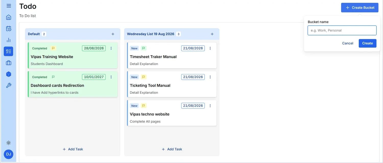 Todo board showing task buckets in columns with the Create Bucket panel open.