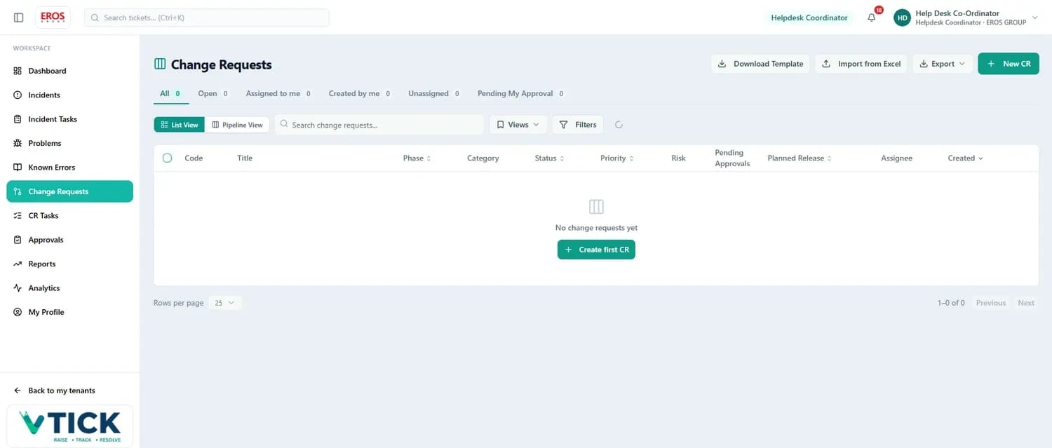 The Change Requests list in List View, with tabs for All, Open, Assigned to me, Created by me, Unassigned and Pending My Approval, and a New CR button.