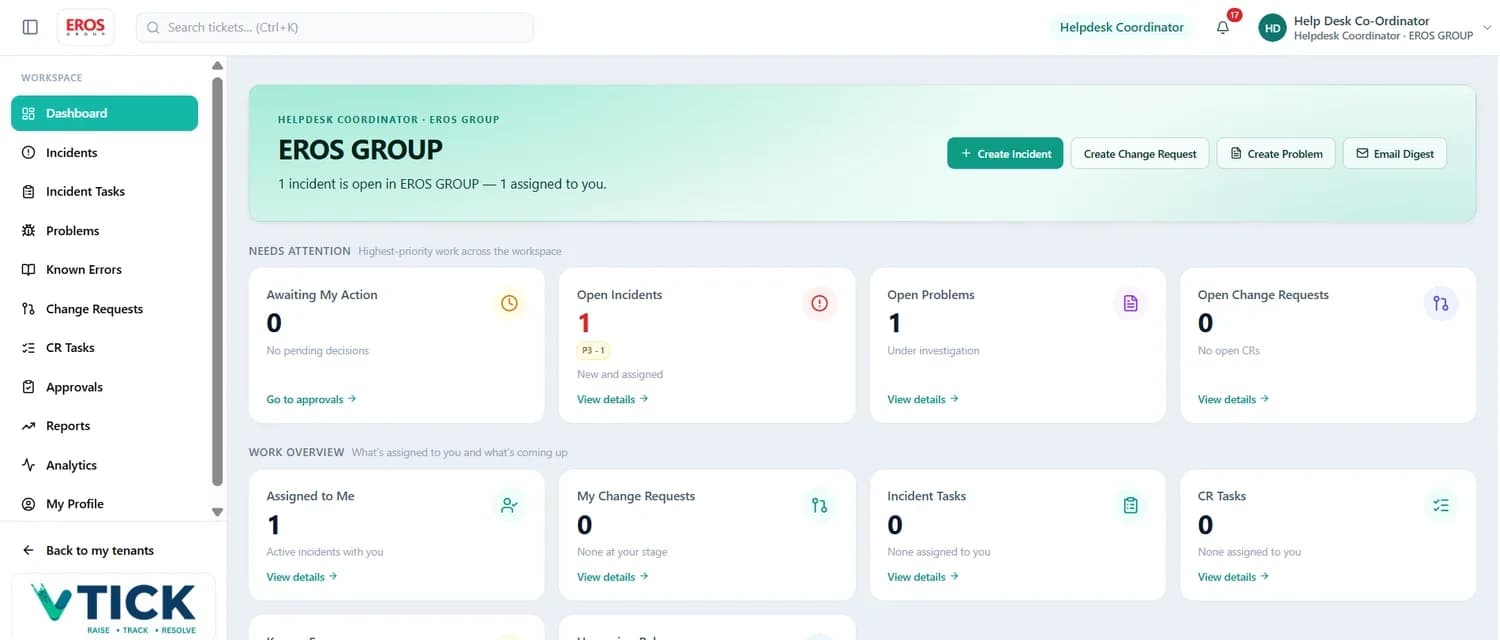 A Vtick project workspace dashboard, with the sidebar menu on the left, a header offering Create Incident, Create Change Request, Create Problem and Email Digest, and Needs Attention and Work Overview card bands.