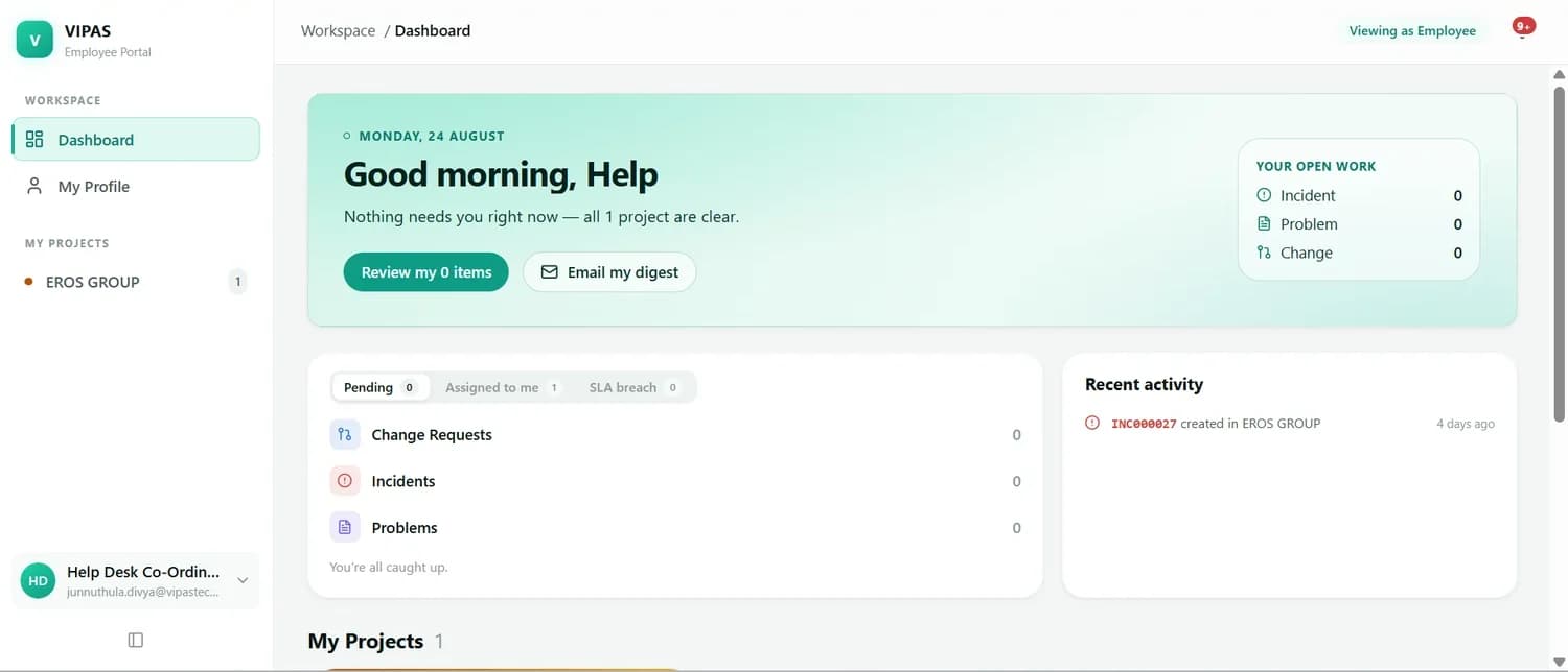 The Vtick Employee Portal dashboard, summarising the signed-in user's open work across every project, with Pending, Assigned to me and SLA breach tabs and a My Projects panel.