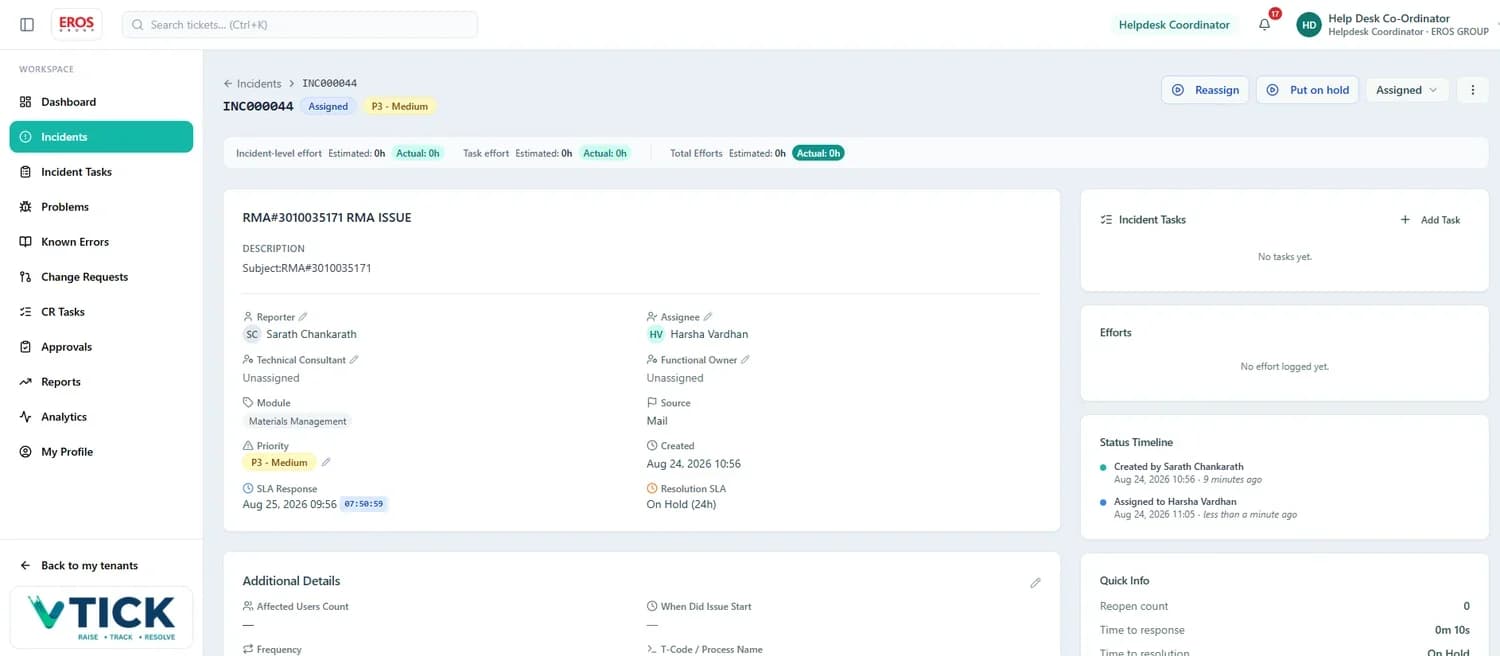 An incident detail page showing the code, status and priority, Reassign and Put on hold actions, and an effort strip with incident-level, task and total efforts as estimated against actual.