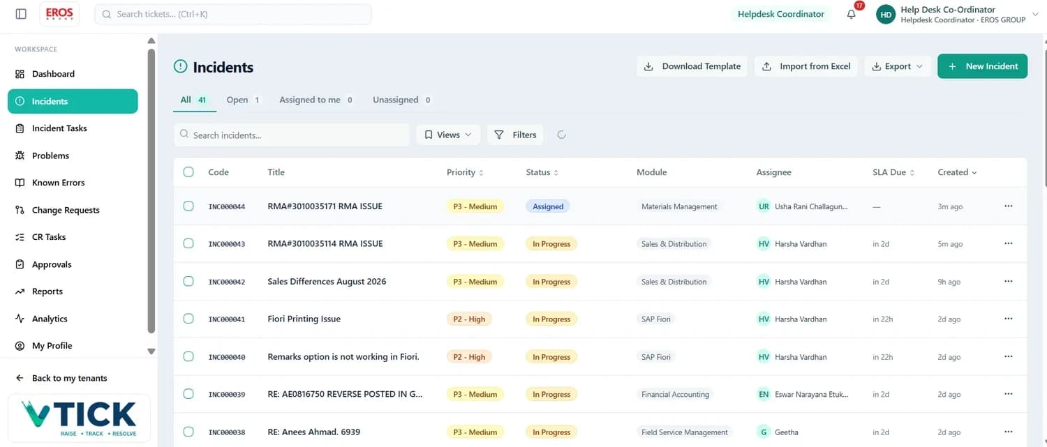 The Vtick Incidents list with All, Open, Assigned to me and Unassigned tabs, a New Incident button, Download Template and Import from Excel, Export, Views and Filters.